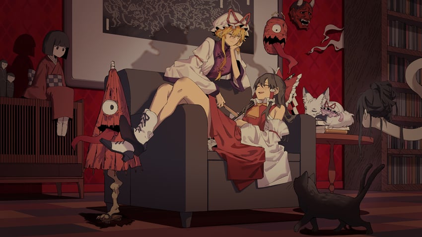 hakurei reimu and yakumo yukari (touhou) drawn by zy_(zyyyyyyy9)