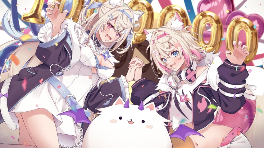 fuwawa abyssgard, mococo abyssgard, and perroccino (hololive and 1 more) drawn by aoba_takeru