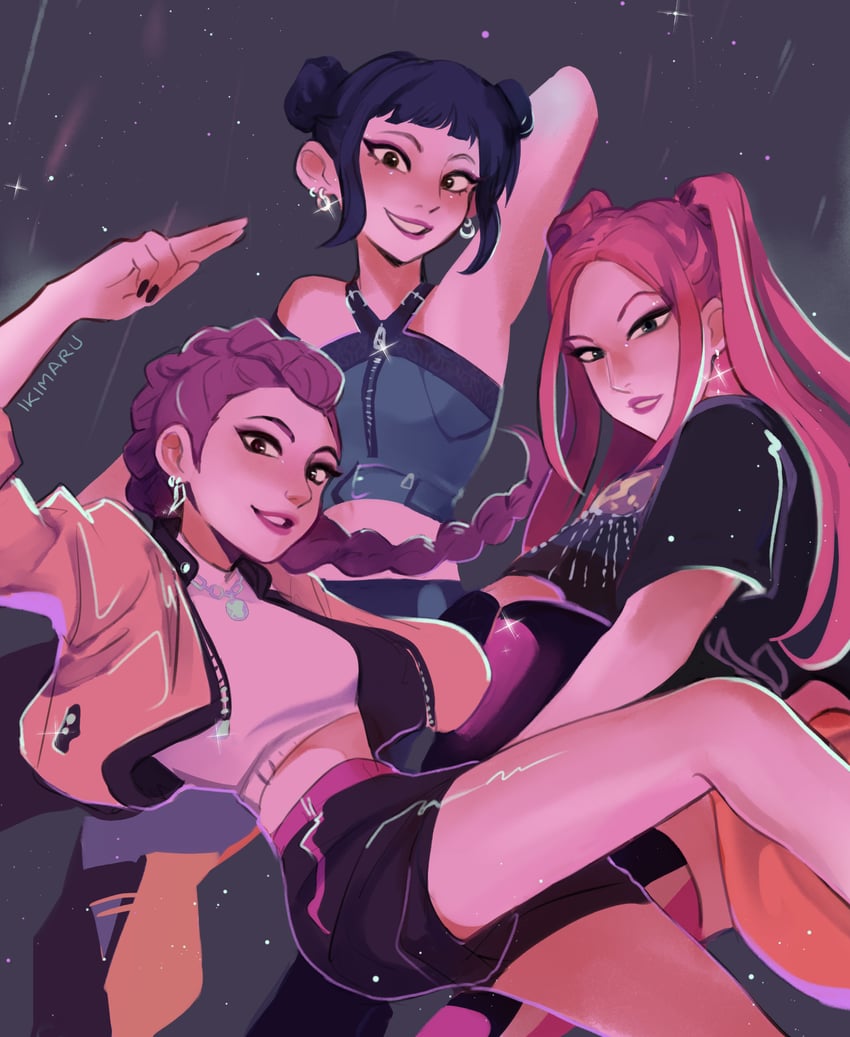 rumi, zoey, and mira (kpop demon hunters) drawn by ikimaru