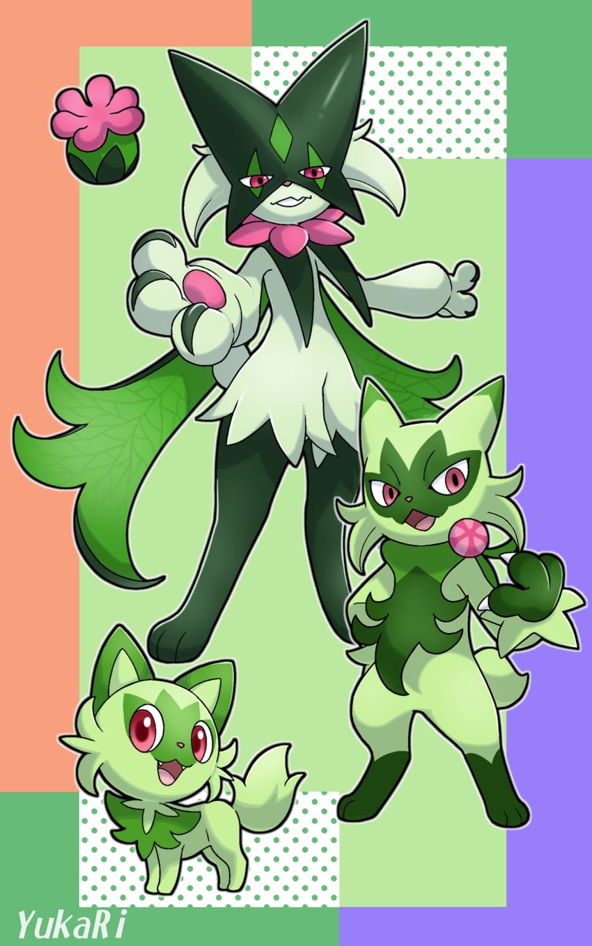 sprigatito, meowscarada, and floragato (pokemon) drawn by yukari_(yukari21653710)