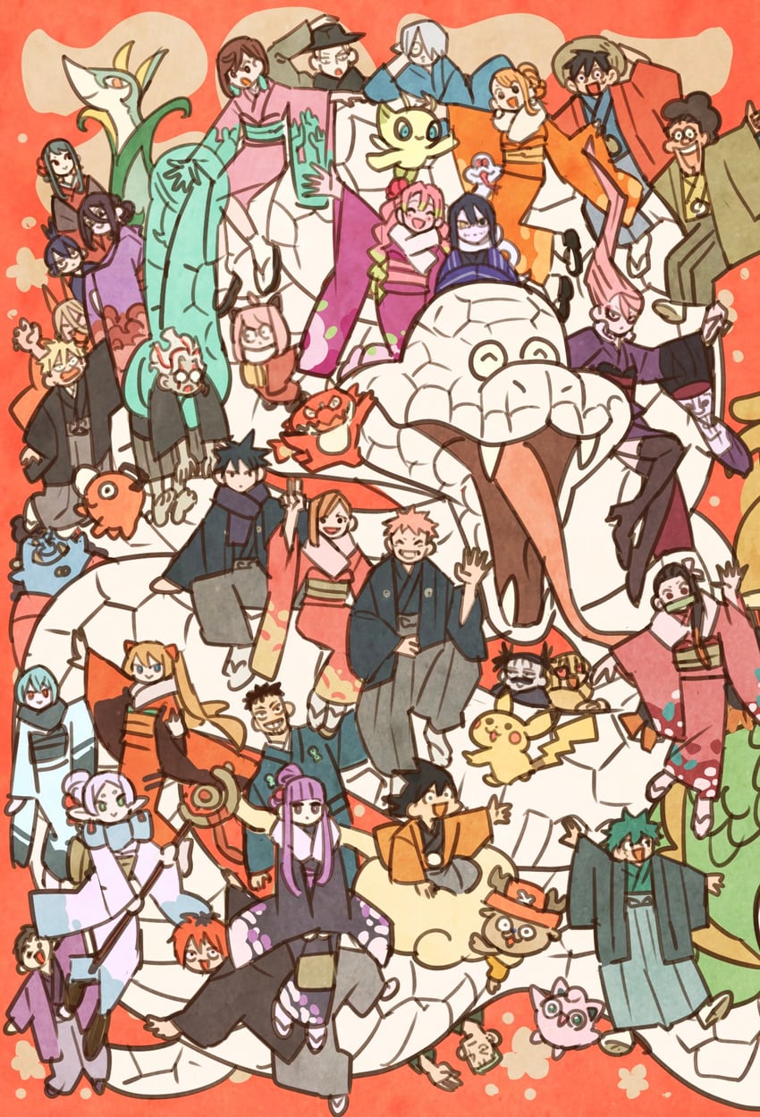 souryuu asuka langley, pikachu, frieren, yor briar, ayanami rei, and 35 more (pokemon and 12 more) drawn by takeuchi_ryousuke