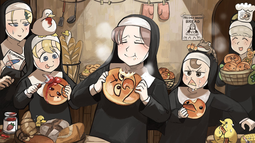 clumsy nun, froggy nun, strict nun, sheep nun, and hungry nun (little nuns) drawn by diva_(hyxpk)