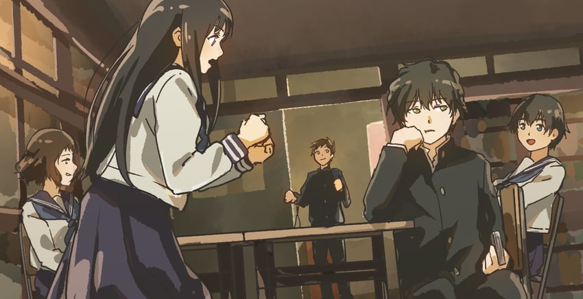 chitanda eru, oreki houtarou, ibara mayaka, fukube satoshi, and oohinata tomoko (hyouka) drawn by fuyuhino