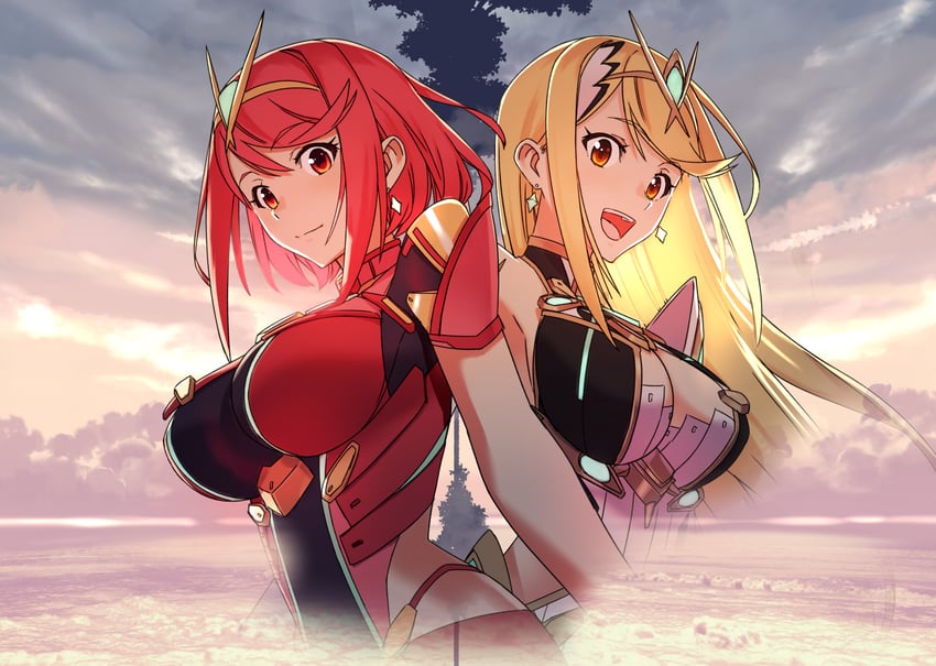 pyra and mythra (xenoblade chronicles and 1 more) drawn by decoponmagi