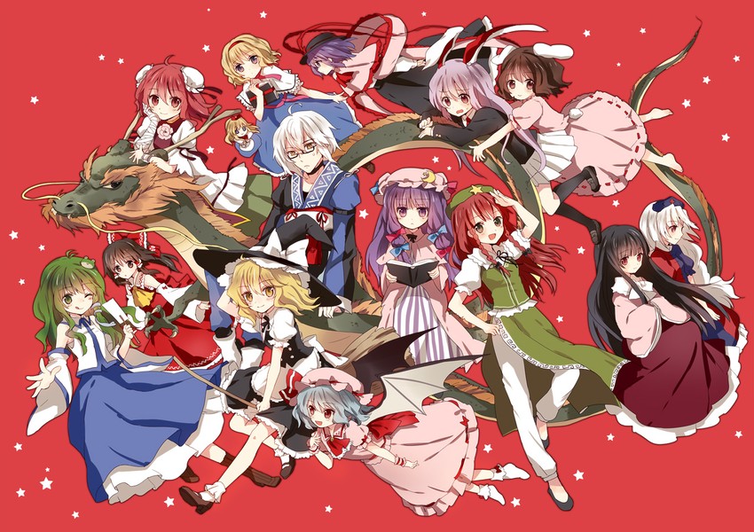 hakurei reimu, kirisame marisa, remilia scarlet, kochiya sanae, alice margatroid, and 10 more (touhou) drawn by torii_sumi