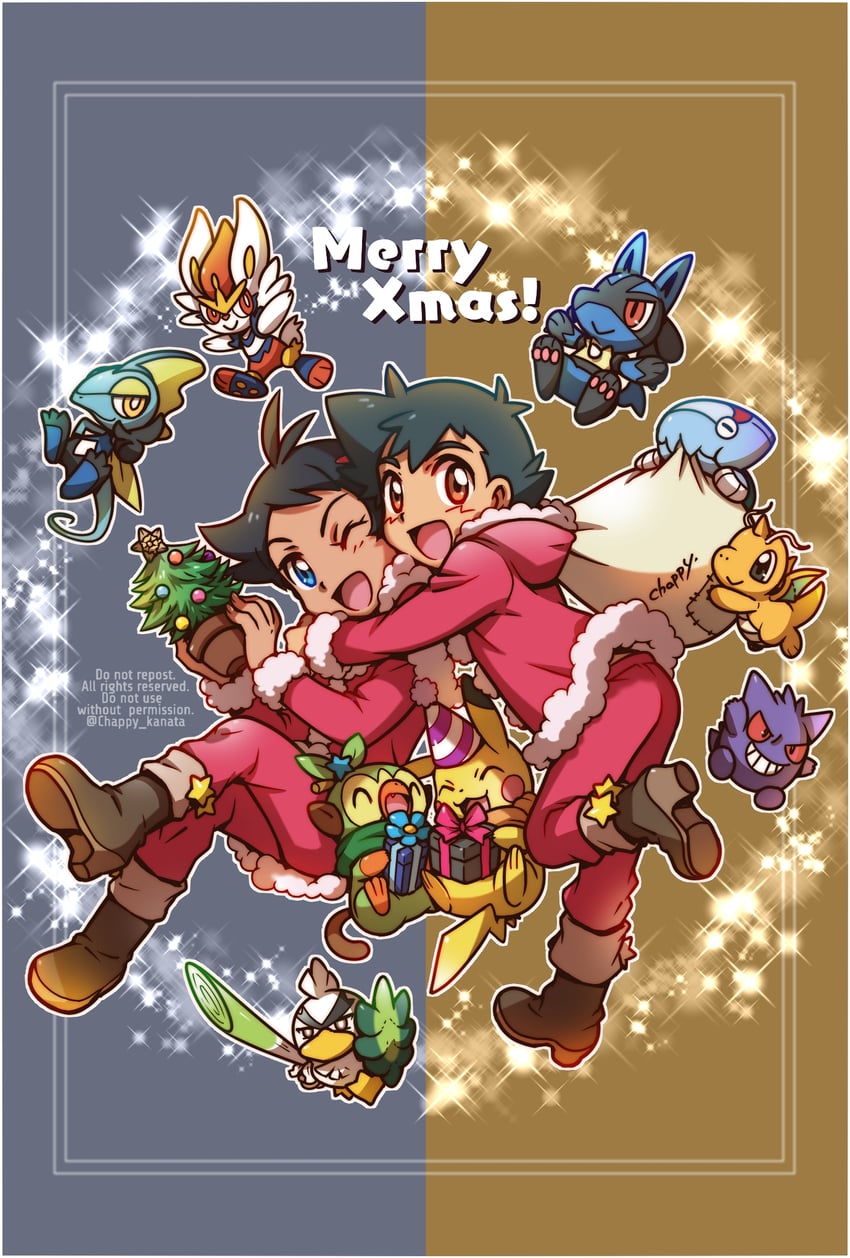 pikachu, ash ketchum, lucario, gengar, grookey, and 6 more (pokemon and 1 more) drawn by chappy_(kanata218)