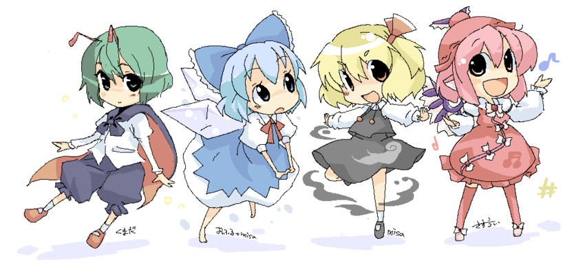 cirno, rumia, mystia lorelei, and wriggle nightbug (touhou) drawn by kumadano, misaki_(1n1m), and sasurai