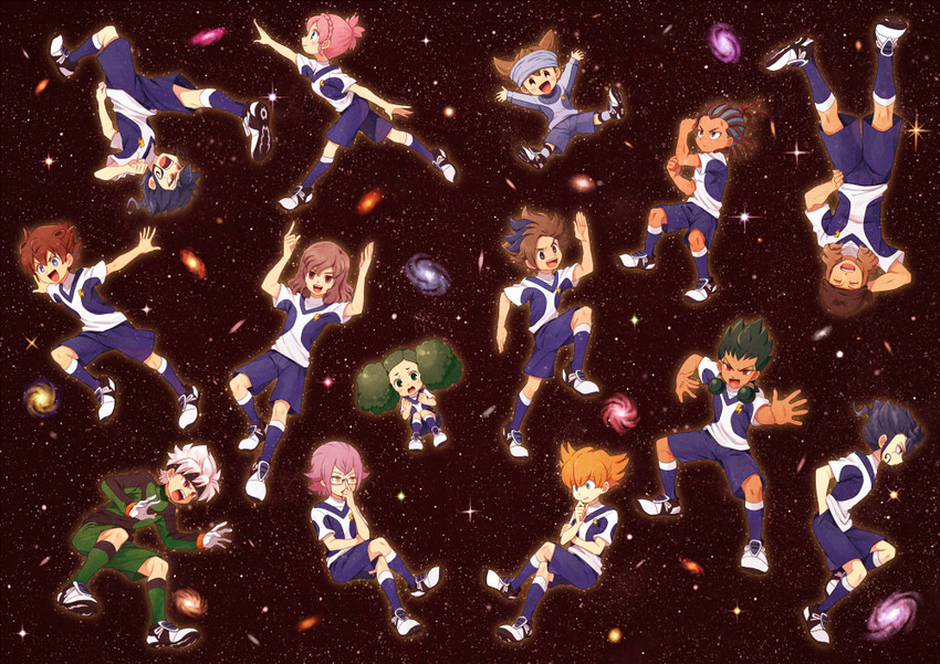 shindou takuto, matsukaze tenma, tsurugi kyousuke, nanobana kinako, nishizono shinsuke, and 10 more (inazuma eleven and 2 more) drawn by riho