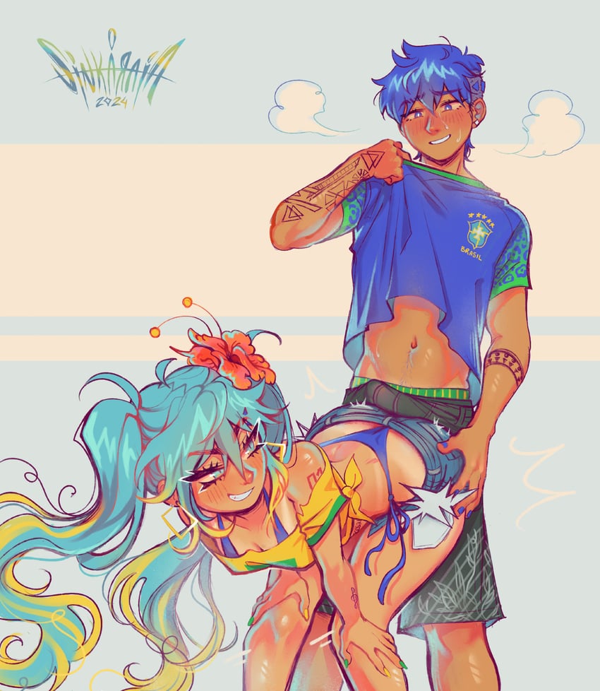 hatsune miku, kaito, and brazilian miku (vocaloid) drawn by sintastein