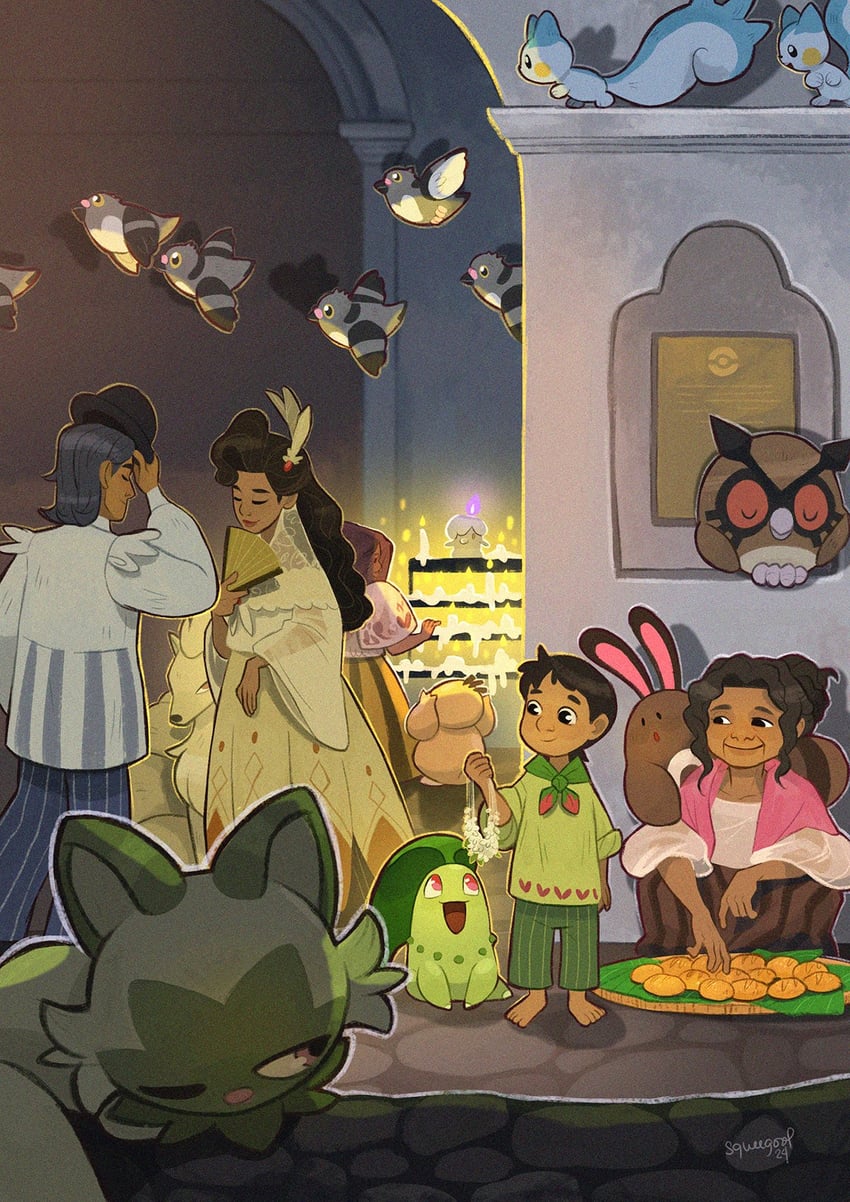 sprigatito, chikorita, litwick, pachirisu, sentret, and 3 more (pokemon) drawn by squeegool