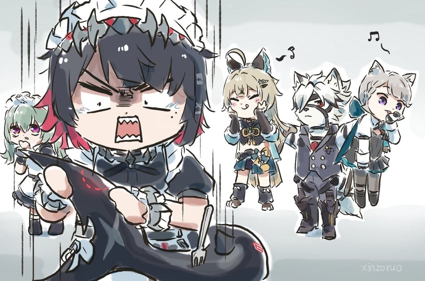 ellen joe, lynette, von lycaon, kirara, and corin wickes (genshin impact and 2 more) drawn by xinzoruo