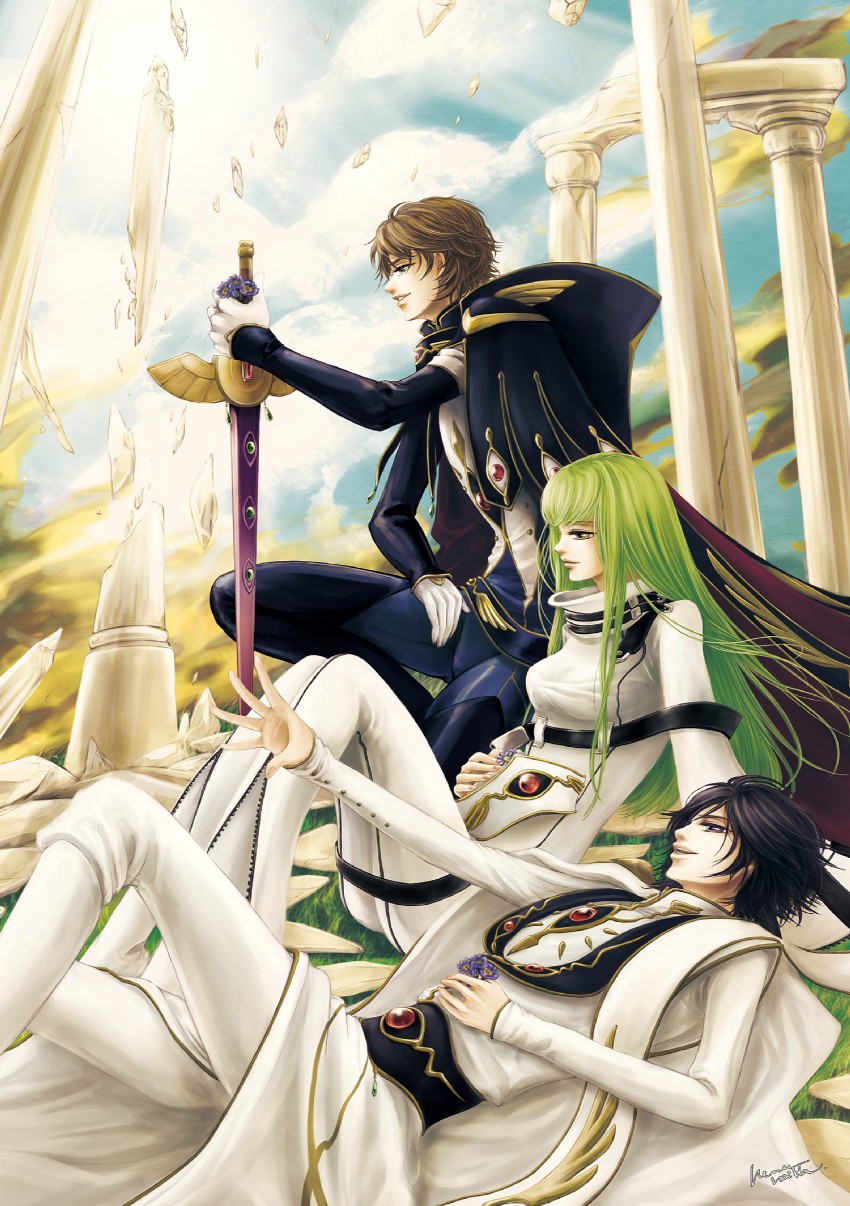 c.c., lelouch vi britannia, and kururugi suzaku (code geass) drawn by nemu_(noibla)