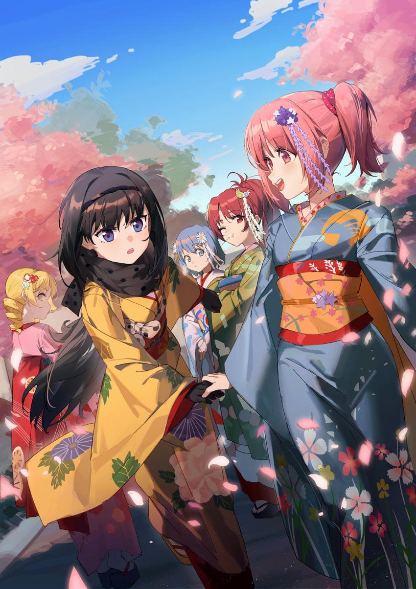 akemi homura, kaname madoka, miki sayaka, sakura kyoko, and tomoe mami (mahou shoujo madoka magica) drawn by pg_(pgouwoderen)