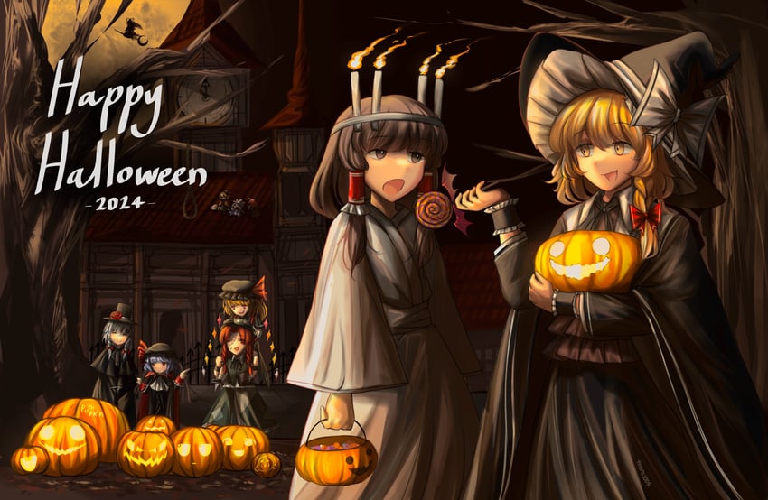 hakurei reimu, kirisame marisa, remilia scarlet, flandre scarlet, izayoi sakuya, and 5 more (touhou) drawn by there2007