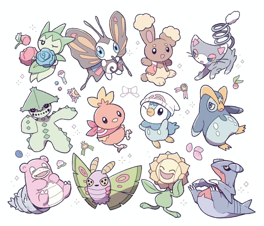 piplup, torchic, buneary, beautifly, roselia, and 7 more (pokemon) drawn by oyul_o