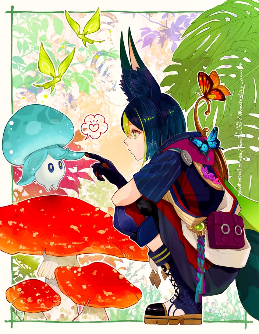 tighnari, crystalfly, and fungi (genshin impact) drawn by misoshiru_umai4