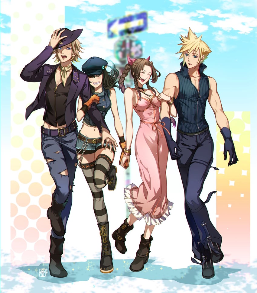 cloud strife, aerith gainsborough, kyrie canaan, and evan townshend (final fantasy and 3 more) drawn by halu-ca