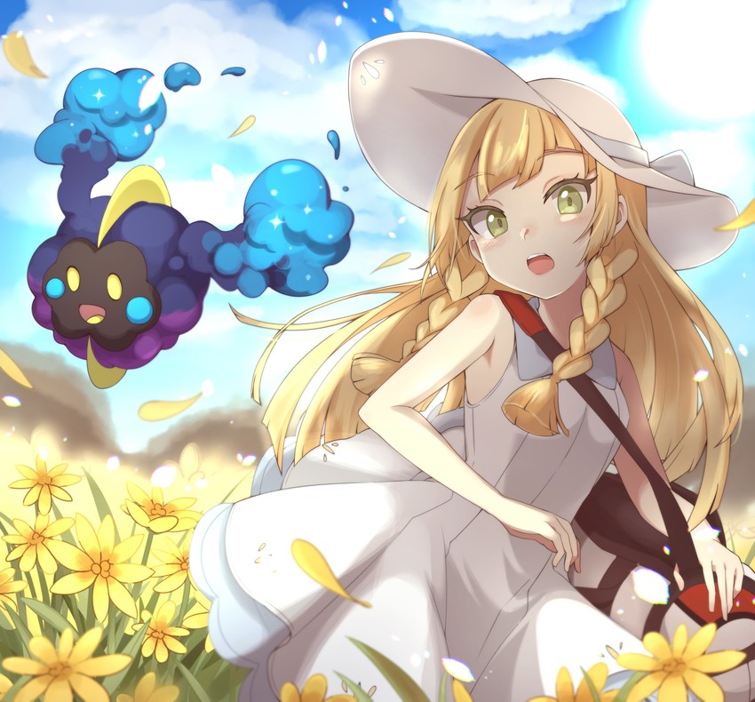 lillie and cosmog (pokemon and 1 more) drawn by omikuji_(fortunemagnolia)