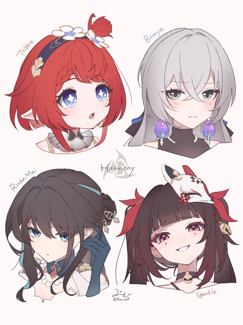 sparkle, ruan mei, bronya rand, and tribbie (honkai and 1 more) drawn by pumu_(pumu_co29)