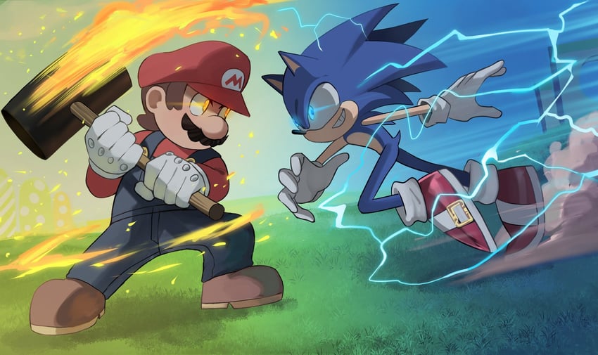 mario and sonic the hedgehog (mario and 1 more) drawn by jourd4n