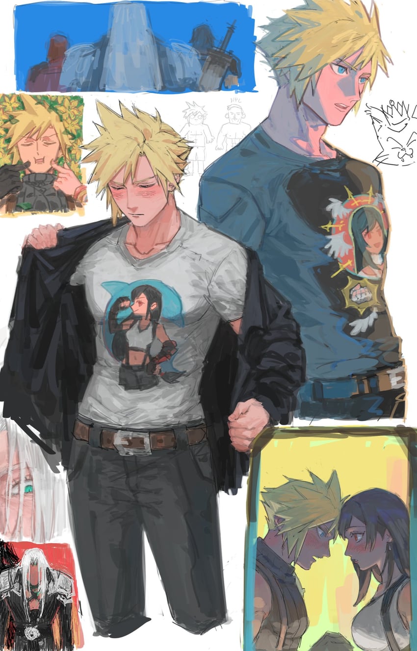 tifa lockhart, cloud strife, aerith gainsborough, sephiroth, zack fair, and 3 more (final fantasy and 6 more) drawn by sundayauruu