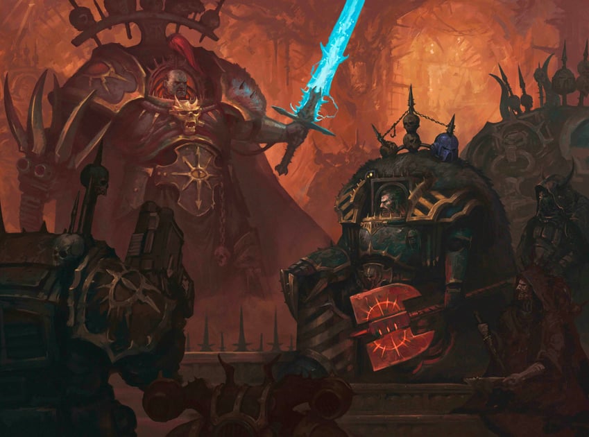 adeptus astartes, chaos space marine, and abbadon the despoiler (warhammer 40k) drawn by kheljay