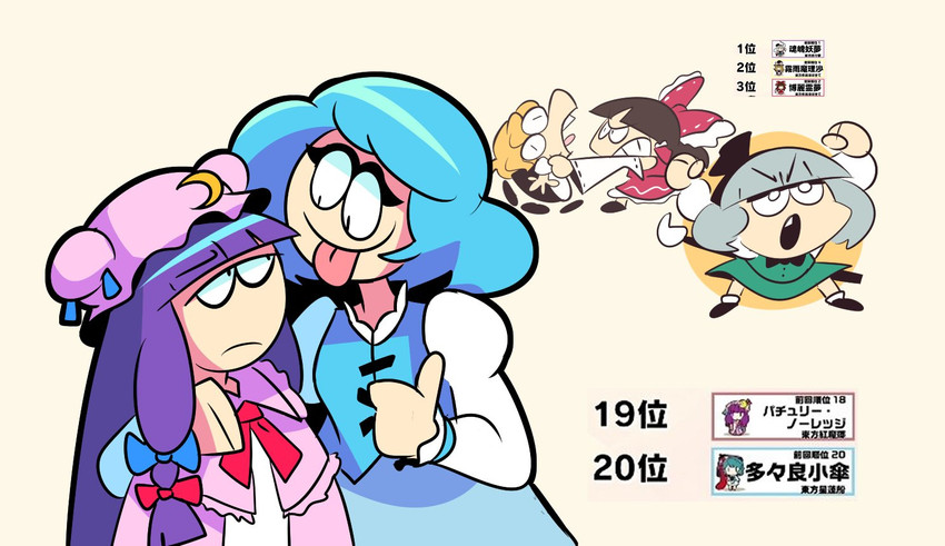 hakurei reimu, kirisame marisa, konpaku youmu, patchouli knowledge, and tatara kogasa (touhou) drawn by sr_pelo