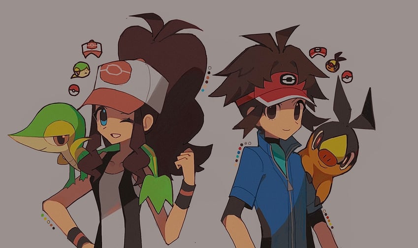 hilda, snivy, tepig, and nate (pokemon and 2 more) drawn by 950magi618