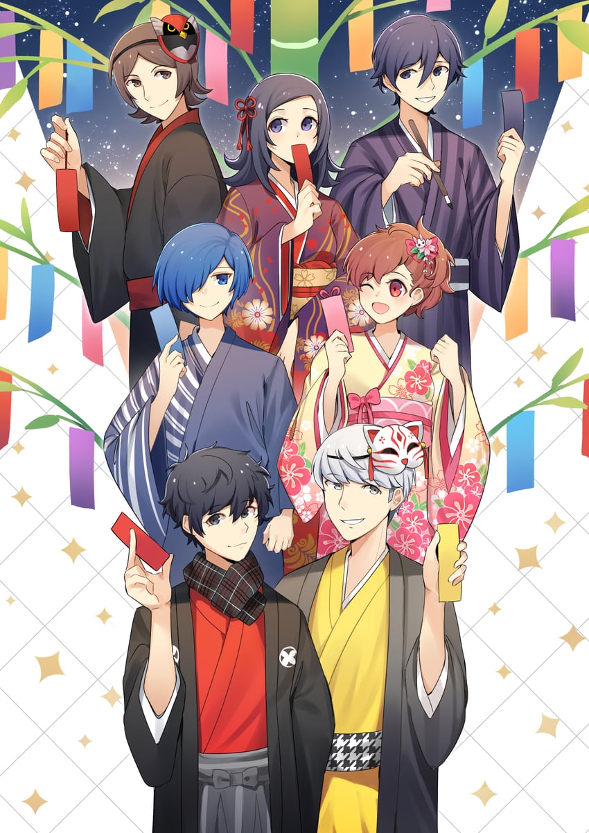 narukami yu, yuuki makoto, amamiya ren, shiomi kotone, suou tatsuya, and 2 more (persona and 8 more) drawn by kuki_tan
