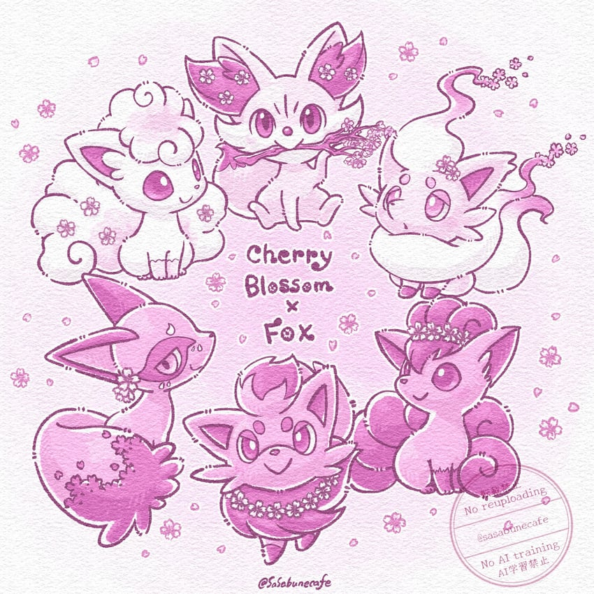 alolan vulpix, fennekin, vulpix, zorua, hisuian zorua, and 1 more (pokemon) drawn by sasabunecafe