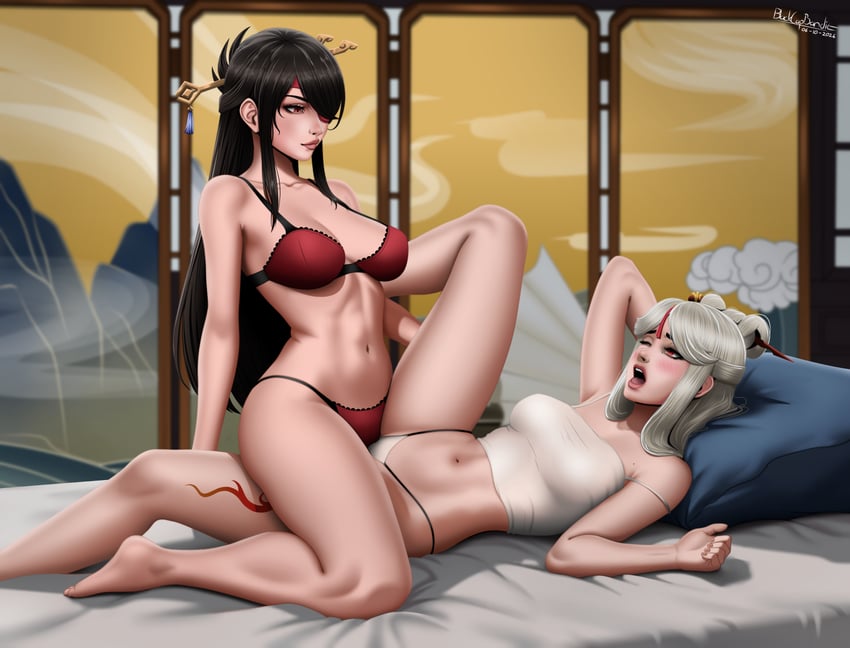ningguang and beidou (genshin impact) drawn by blackcapbandit