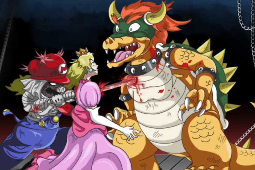 princess peach, mario, bowser, and shishio makoto (mario and 1 more) drawn by mojapene
