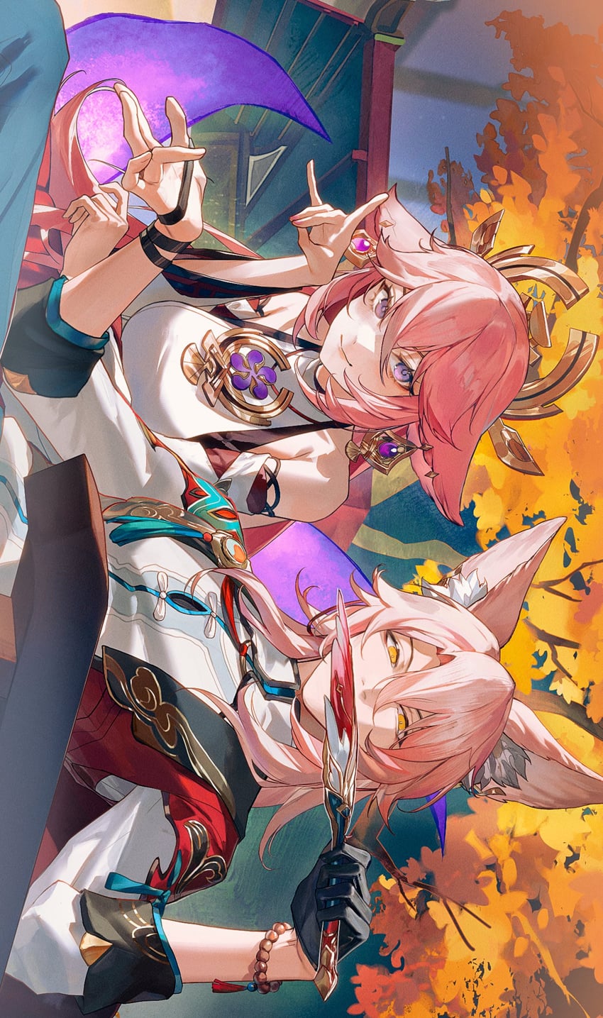 yae miko and jiaoqiu (genshin impact and 3 more) drawn by srro_yo