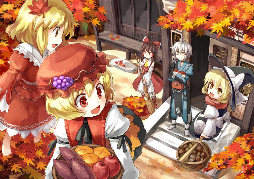 hakurei reimu, kirisame marisa, morichika rinnosuke, aki minoriko, and aki shizuha (touhou) drawn by sigina