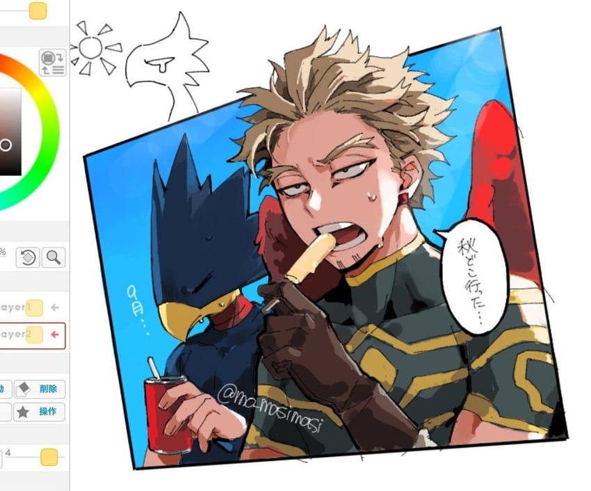 hawks, tokoyami fumikage, and dark shadow (boku no hero academia) drawn by mo_masimasi