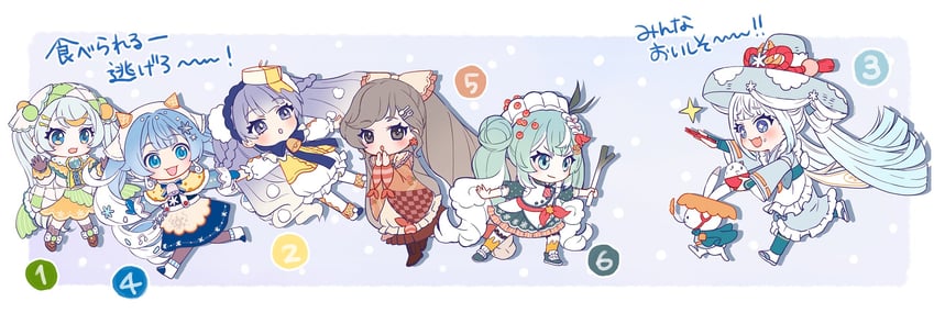 hatsune miku, yuki miku, rabbit yukine, yuki miku, yuki miku, and 4 more (vocaloid) drawn by azaka_(pipponao)