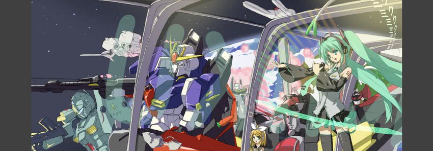 hatsune miku, kagamine rin, zeta gundam, mazinger z, gm, and 4 more (vocaloid and 9 more) drawn by sakura_sora