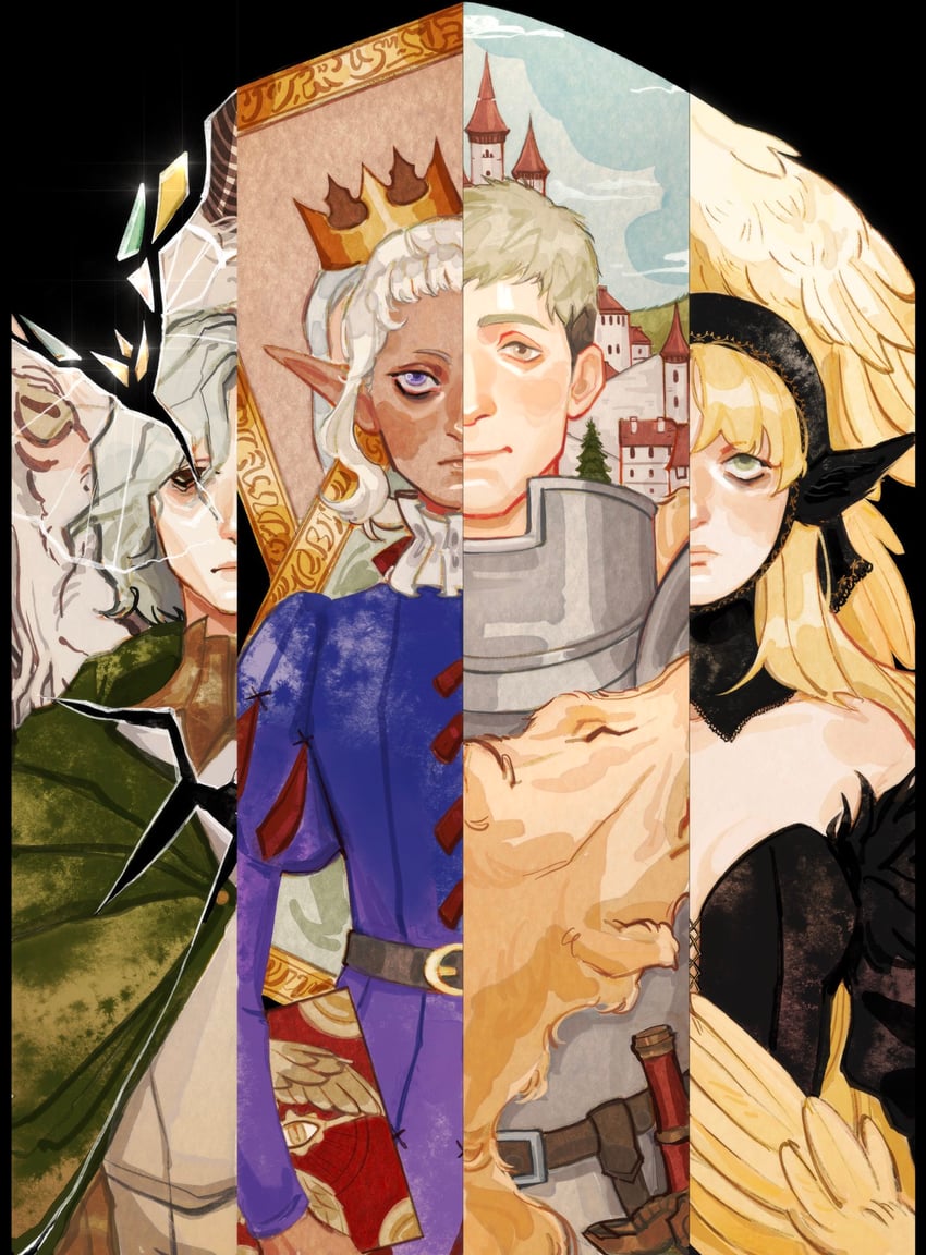 marcille donato, laios touden, mithrun, thistle, winged lion, and 2 more (dungeon meshi) drawn by yarrreg