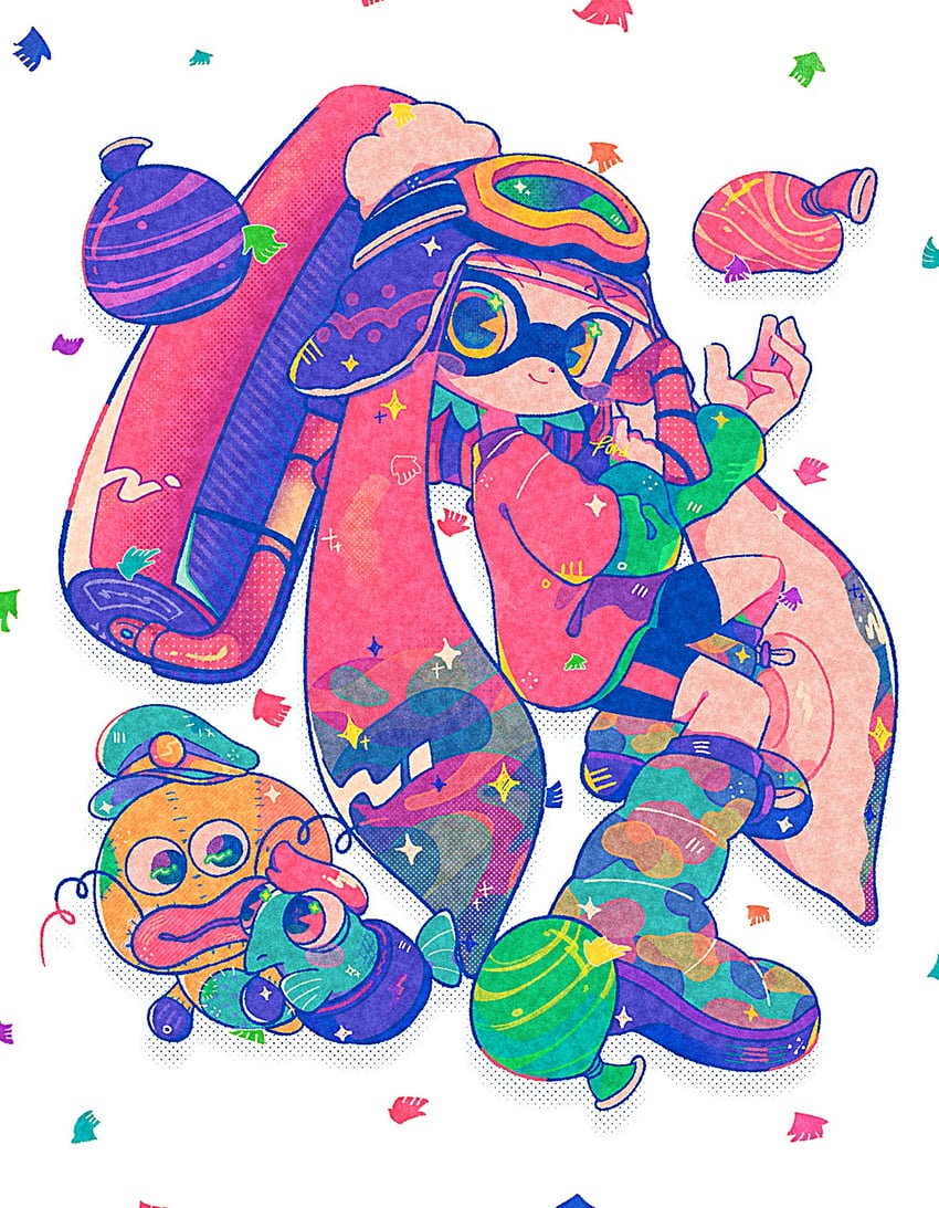 inkling player character, inkling girl, smallfry, and zapfish (splatoon) drawn by f0rd_5_px