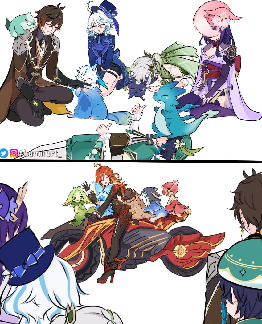 furina, yae miko, nahida, zhongli, venti, and 11 more (genshin impact) drawn by kamiiart