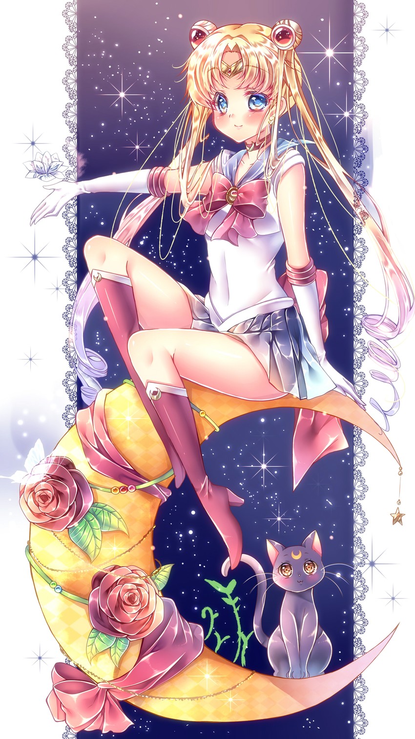 tsukino usagi, sailor moon, and luna (bishoujo senshi sailor moon) drawn by touki_matsuri