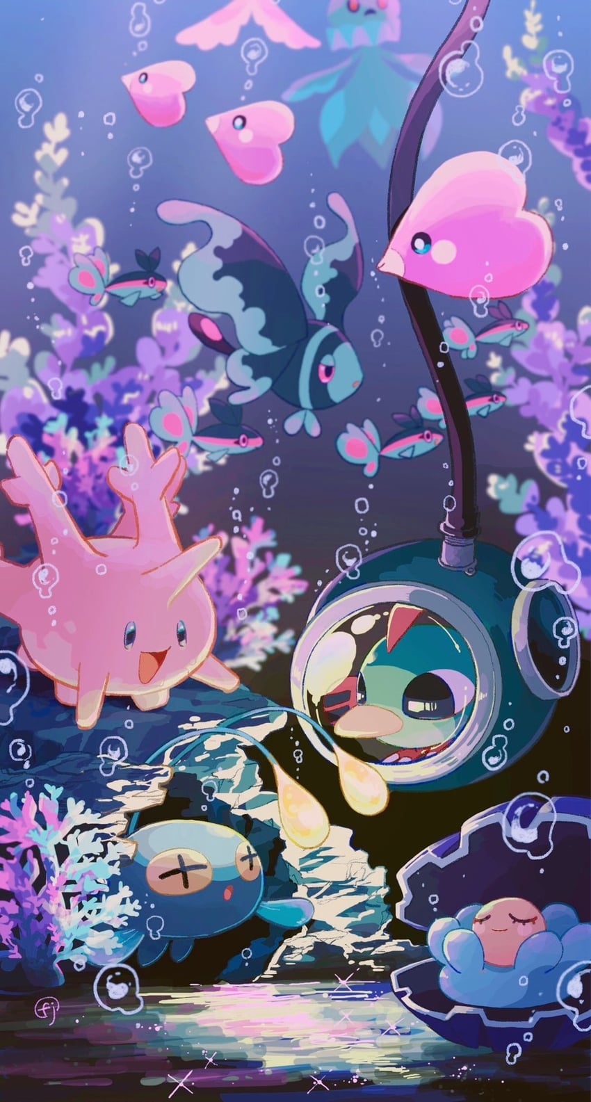 natu, corsola, chinchou, frillish, finneon, and 2 more (pokemon) drawn by chikafuji