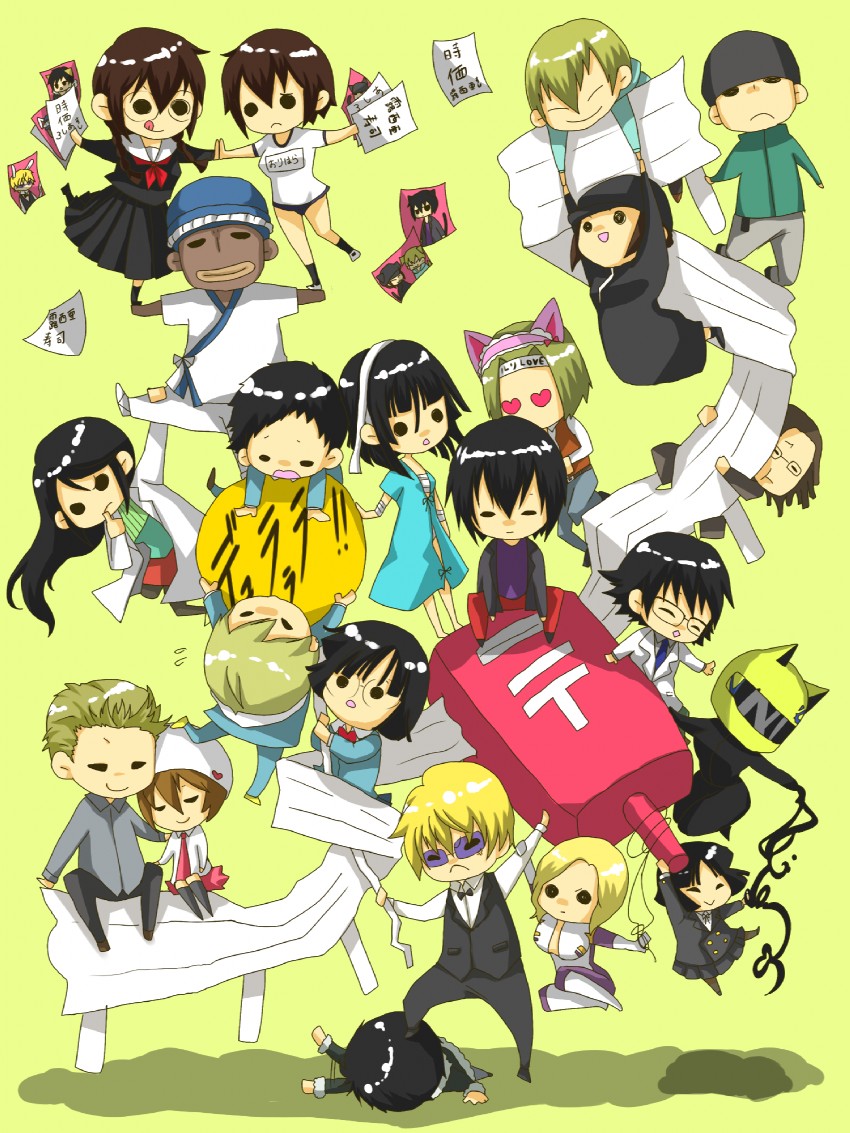 orihara izaya, sonohara anri, heiwajima shizuo, celty sturluson, ryuugamine mikado, and 17 more (durarara!!) drawn by kaforio_kaforio