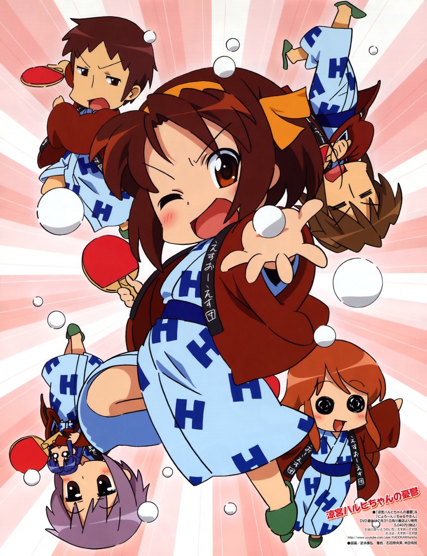 suzumiya haruhi, nagato yuki, asahina mikuru, kyon, asakura ryoko, and 2 more (suzumiya haruhi no yuuutsu and 1 more) drawn by takemoto_yasuhiro