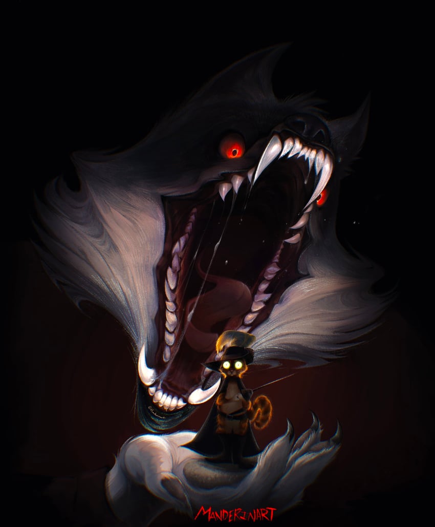 death and puss in boots (shrek and 1 more) drawn by manderin_art