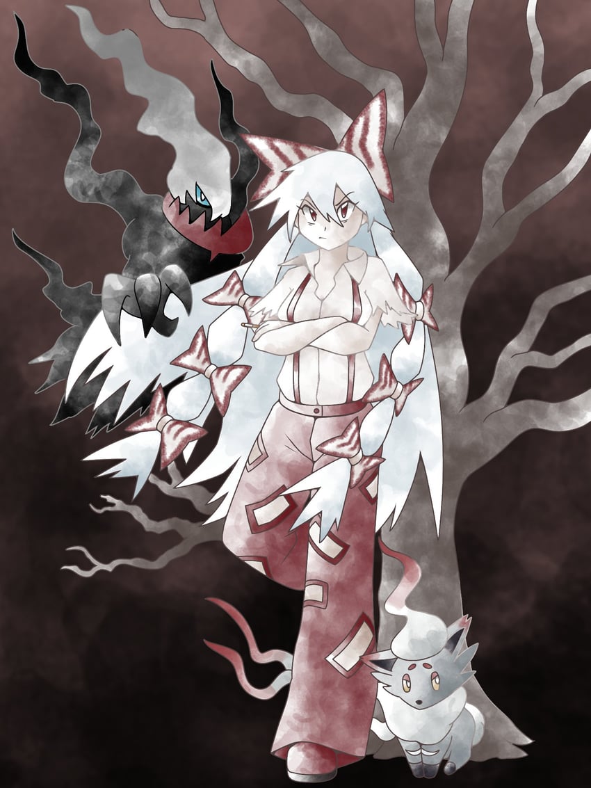 fujiwara no mokou, hisuian zorua, and darkrai (touhou and 1 more) drawn by greatmothsucks