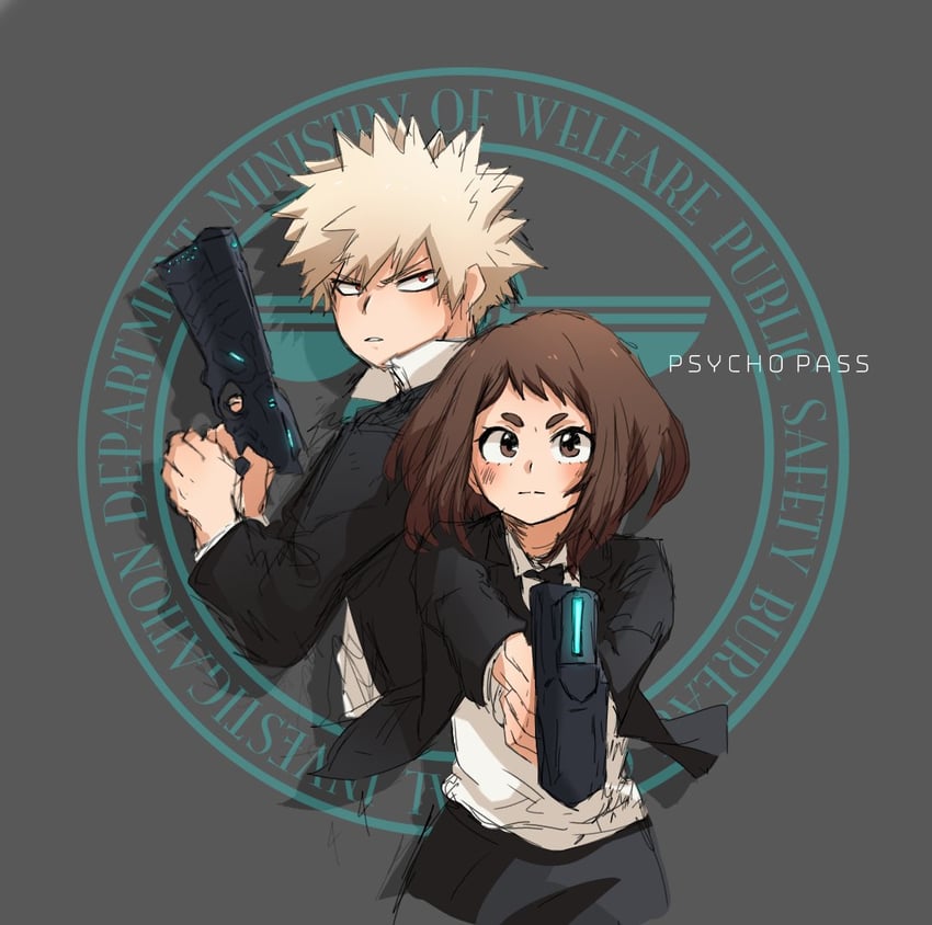 bakugou katsuki, uraraka ochaco, tsunemori akane, and kougami shin'ya (boku no hero academia and 1 more) drawn by echo1069479