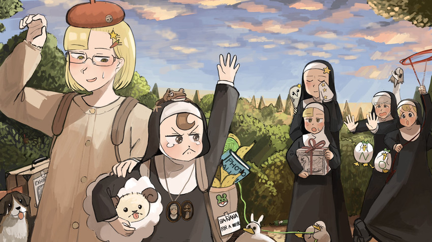 clumsy nun, froggy nun, spicy nun, sheep nun, star nun, and 1 more (little nuns) drawn by diva_(hyxpk)