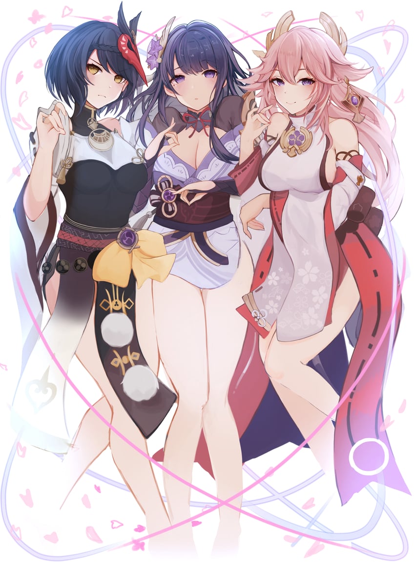 raiden shogun, yae miko, and kujou sara (genshin impact) drawn by akao_kito