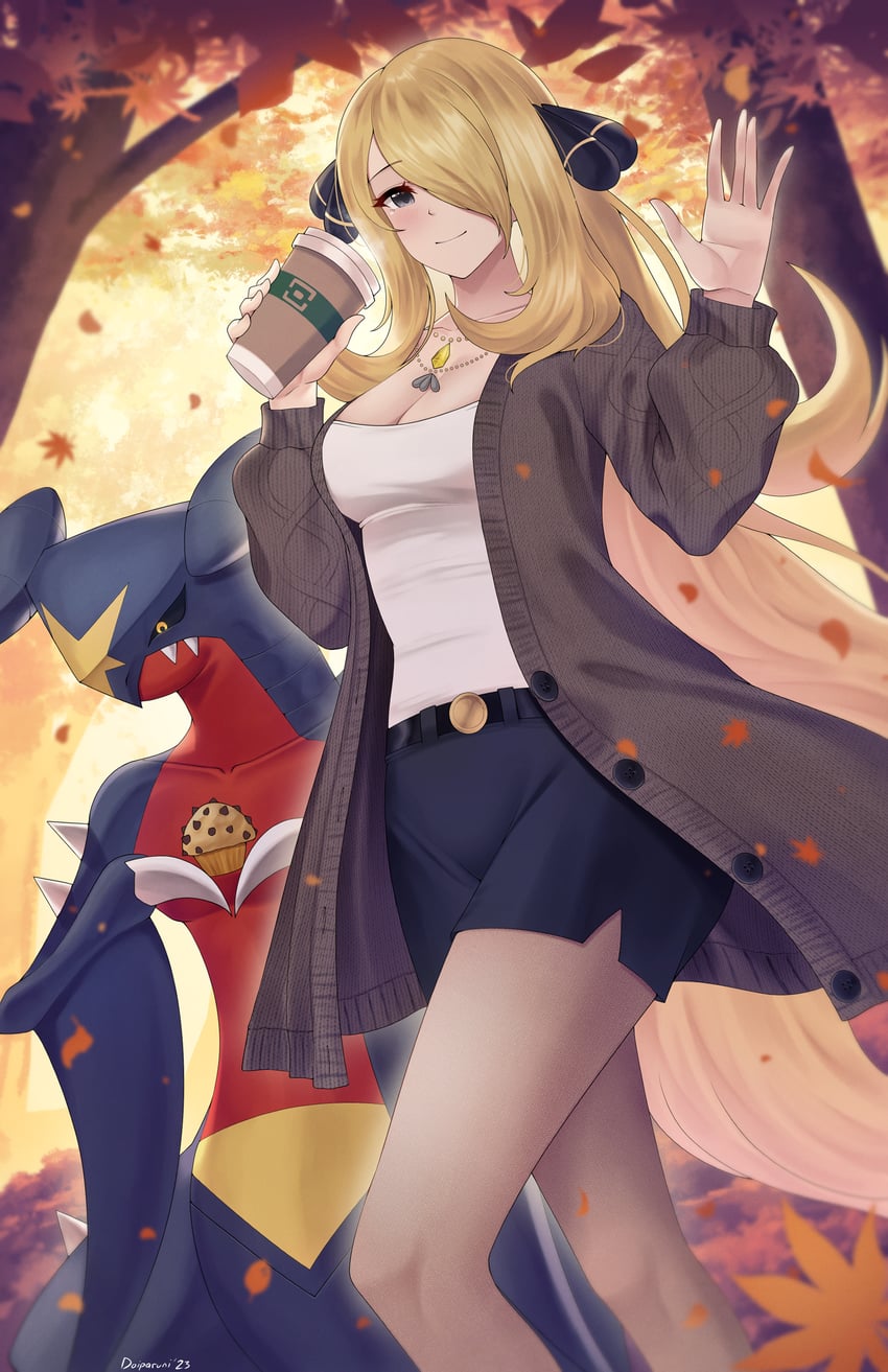 cynthia and garchomp (pokemon and 1 more) drawn by doiparuni
